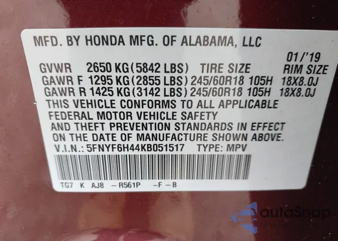 2019 Honda Pilot Ex-L from USA, damaged, VIN 5FNYF6H44KB051517